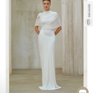 Miss Rosier Catherine White Asymmetrical Pleated Maxi Dress